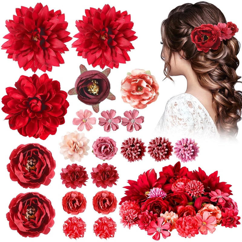 BBTO 21 Pcs Flower Hair Clip Rose Hair Clips Barrettes for Women Flower Accessories Boho Bride Claw Clip Hairpin Brooch Pin Headpiece for Wedding(Red Series) - Image 1